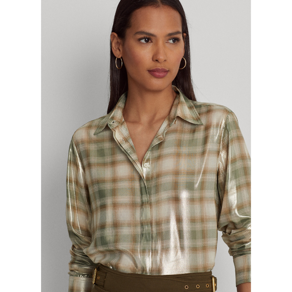 Lauren Ralph Lauren Shadow-Plaid Metallic Georgette Shirt Cream Olive Size M